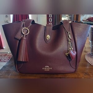 Coach Burgundy Leather Hadley Tote with Tassel and Heart Charm